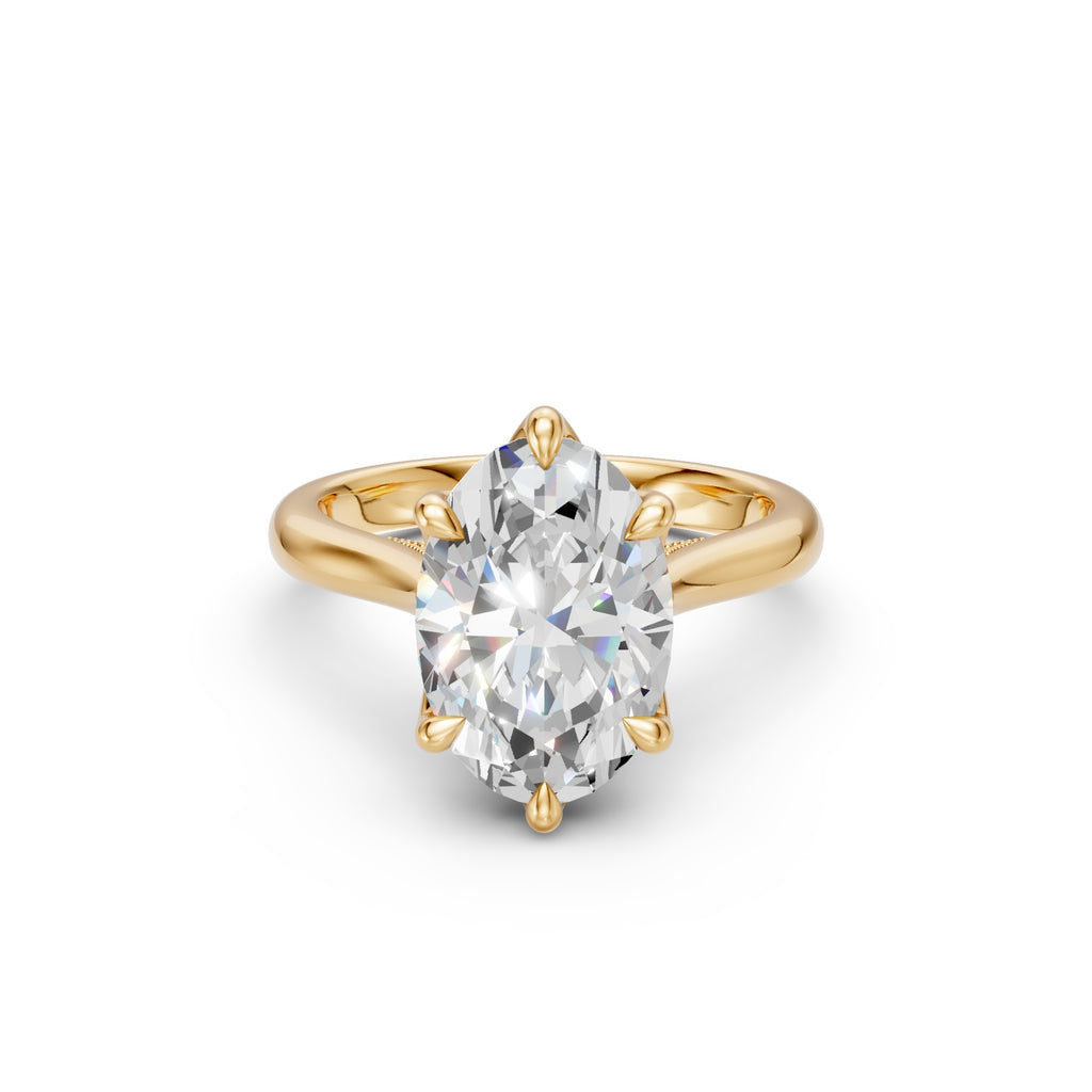 Oval lab-grown diamond tulip cathedral ring in yellow gold, front view