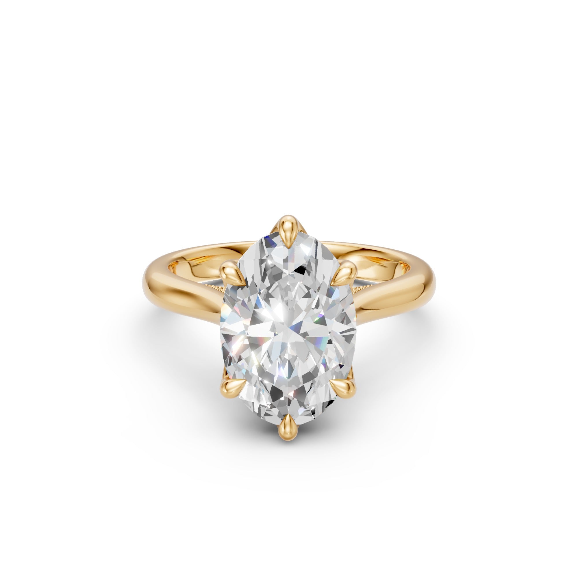 Oval lab-grown diamond tulip cathedral ring in yellow gold, front view