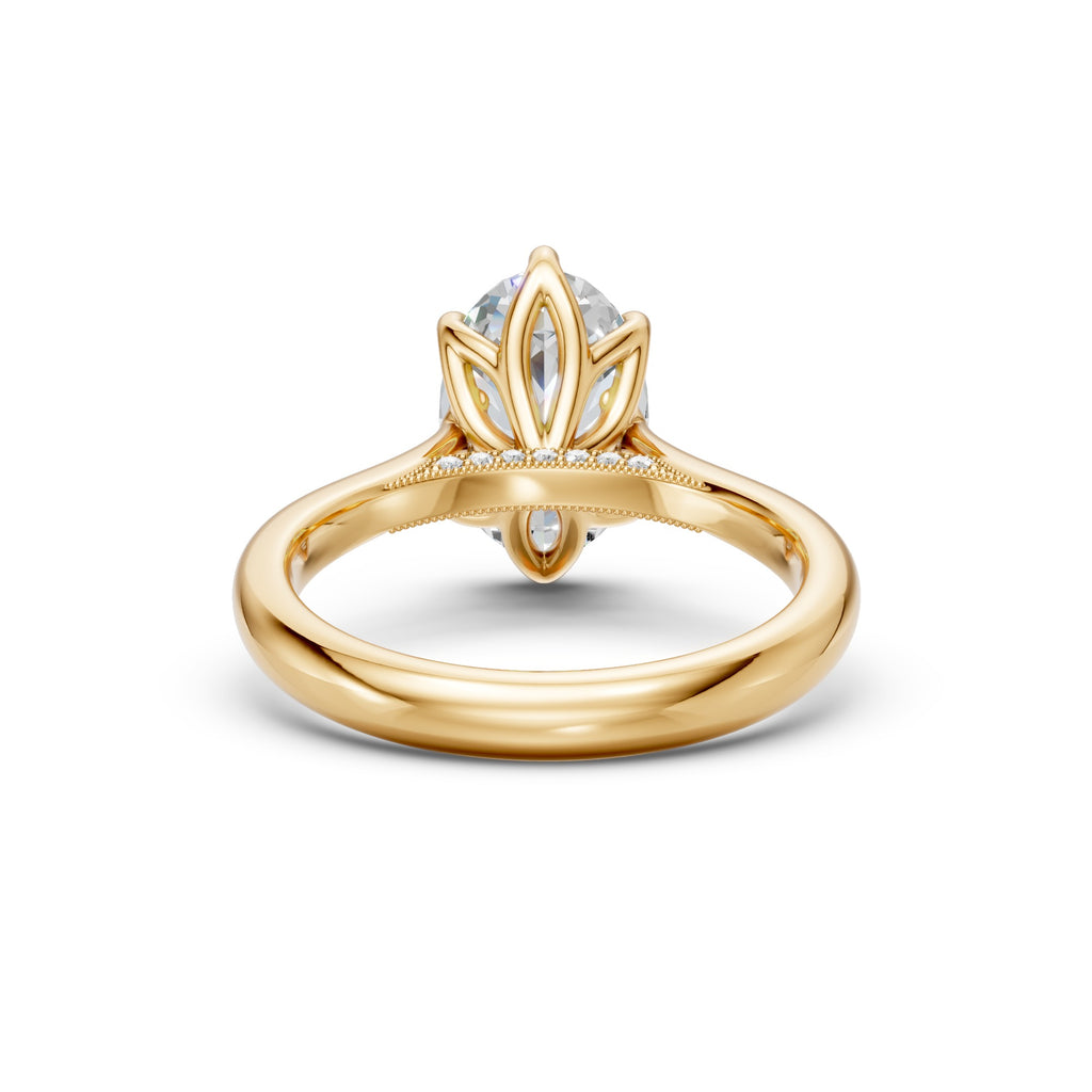 Oval lab-grown diamond ring in yellow gold, rear gallery view showing the floral petal setting