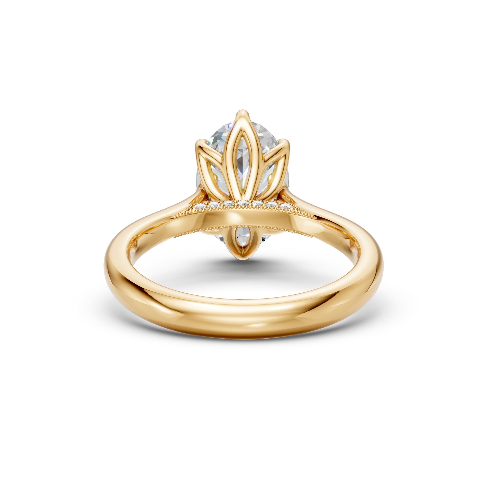 Oval lab-grown diamond ring in yellow gold, rear gallery view showing the floral petal setting