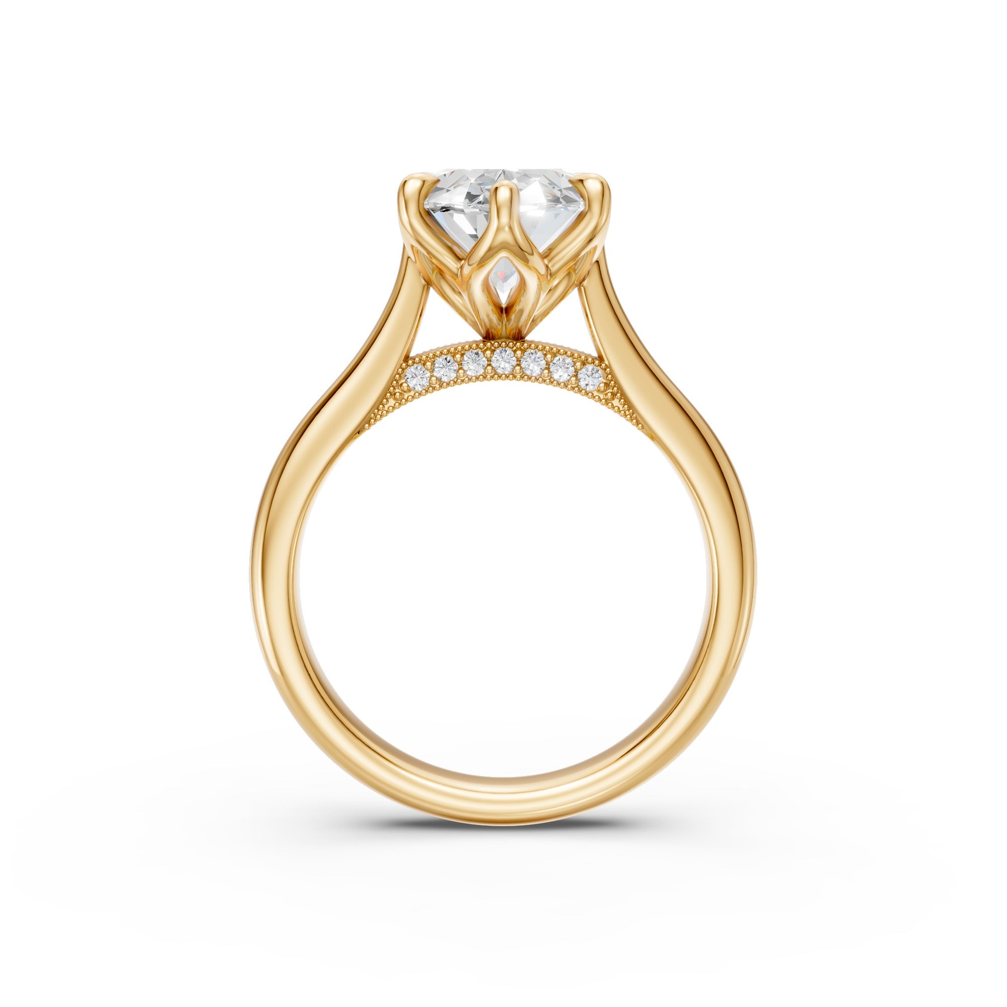 Oval lab-grown diamond tulip cathedral ring in yellow gold, upright front view