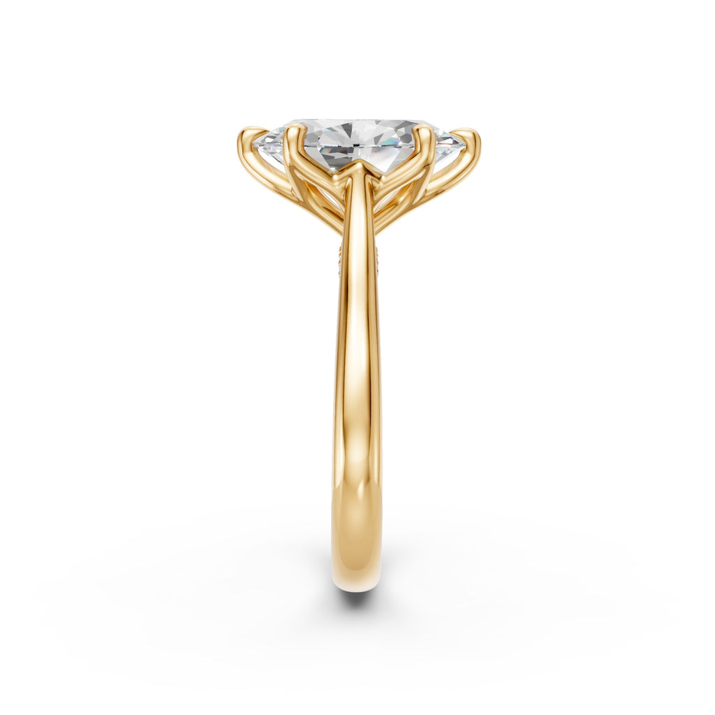 Oval lab-grown diamond ring in yellow gold, profile view showing the six-prong tulip setting and seven-diamond pavé bridge