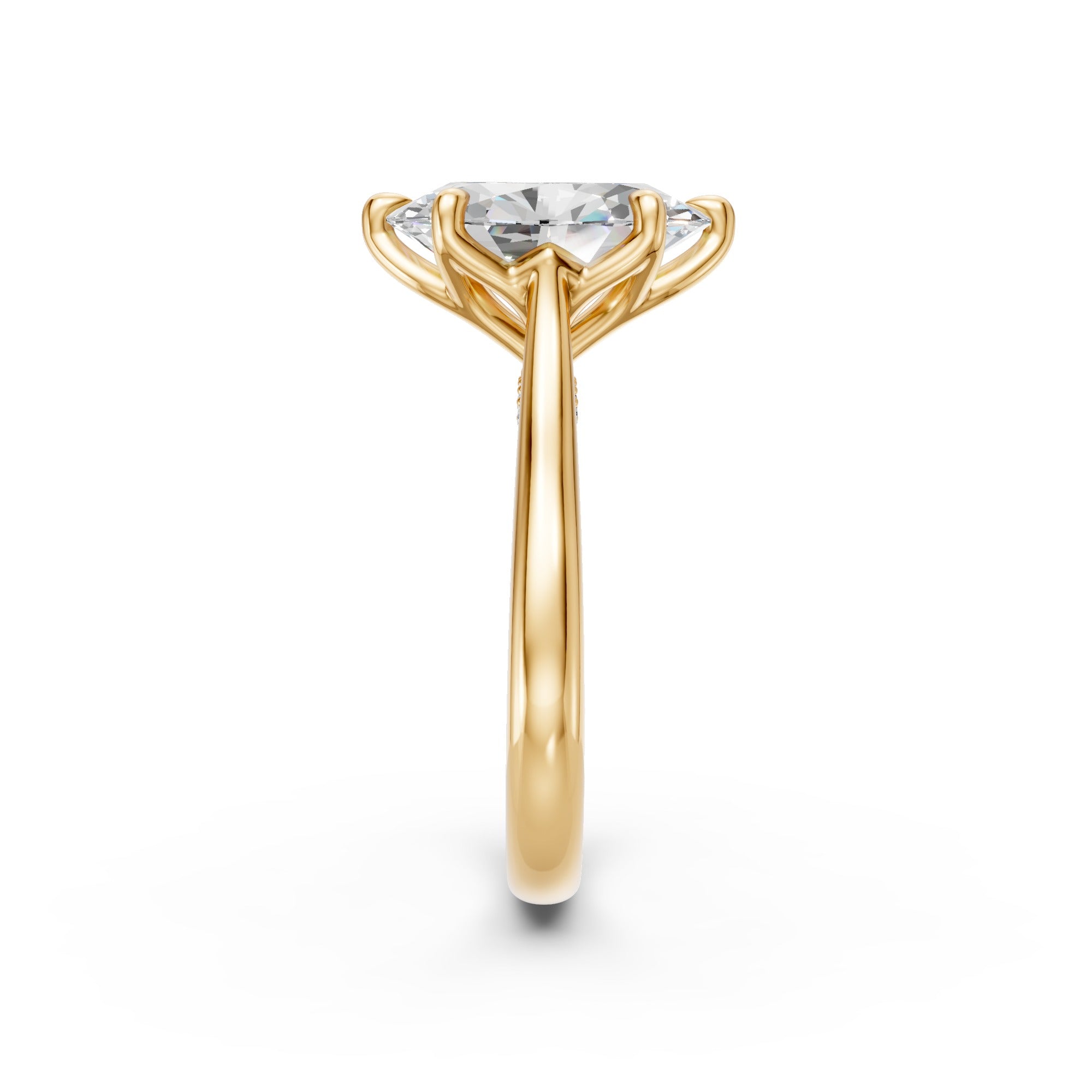 Oval lab-grown diamond ring in yellow gold, profile view showing the six-prong tulip setting and seven-diamond pavé bridge