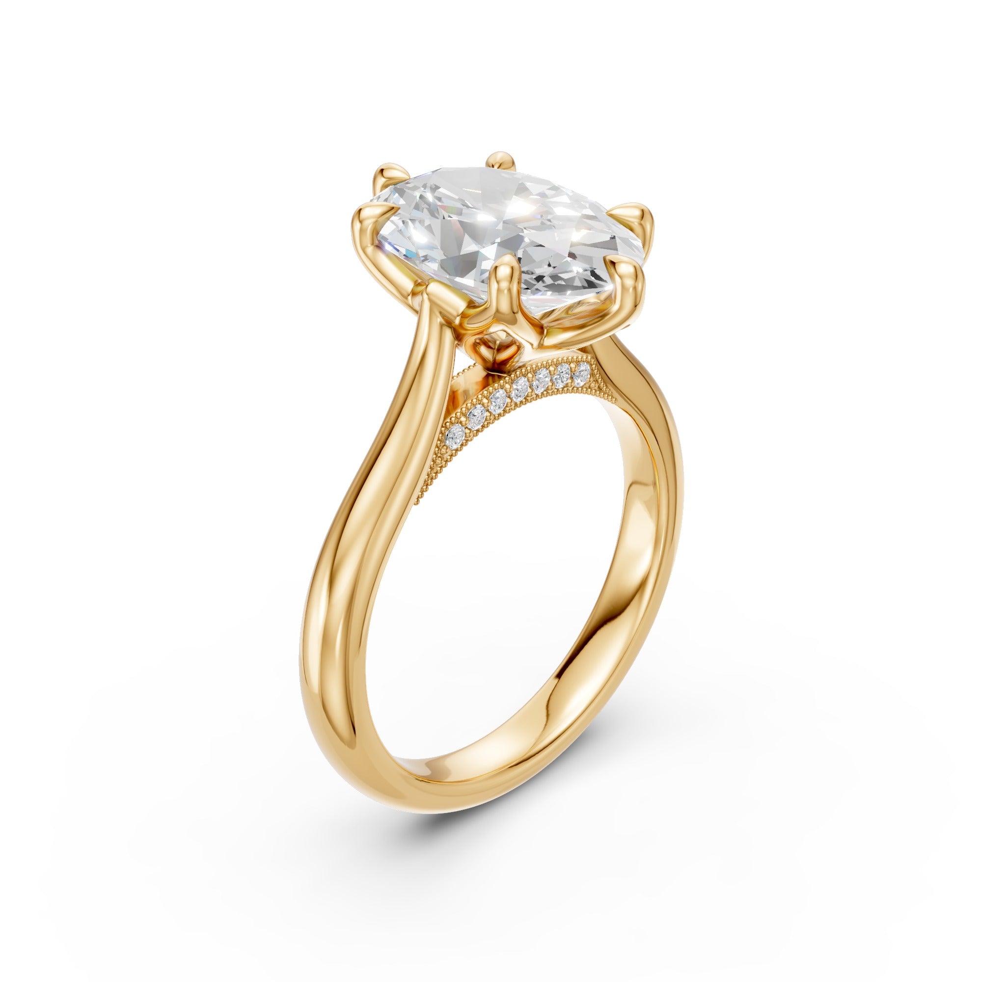 Oval lab-grown diamond ring in yellow gold, three-quarter view showing the cathedral shoulders and pavé-set bridge