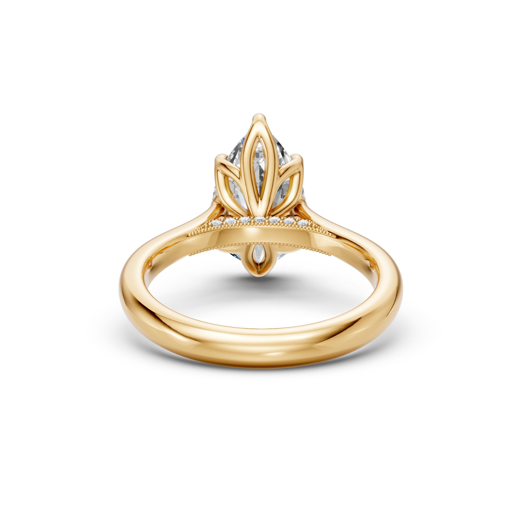 Rear gallery view of the Pear Tulip Cathedral Ring showing its tulip setting and cathedral band