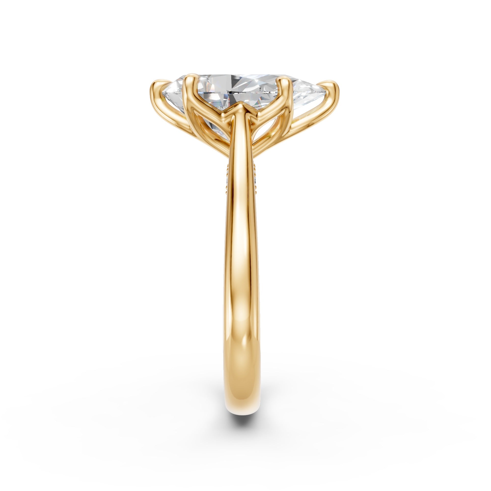 Side profile of the Pear Tulip Cathedral Ring showing its six-prong floral setting and pavé bridge