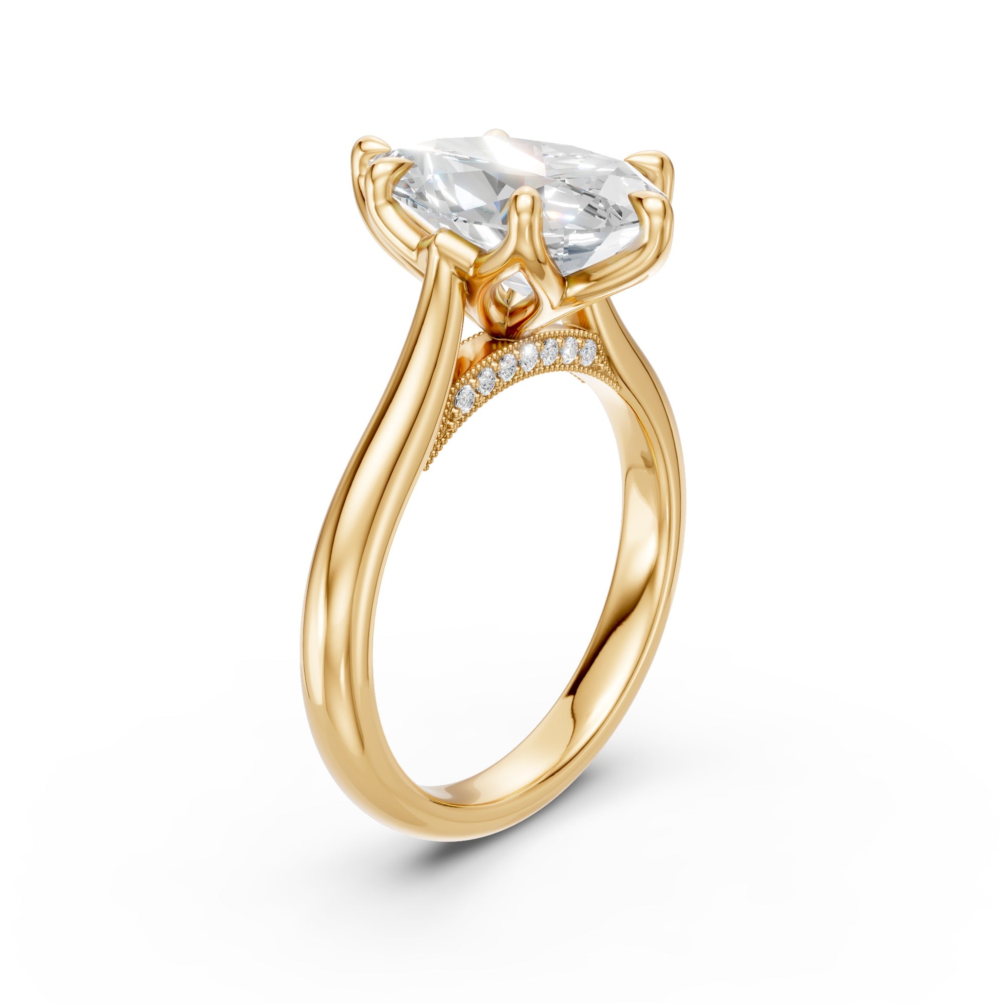 Pear Tulip Cathedral Ring with a lab-grown pear diamond, three-quarter view
