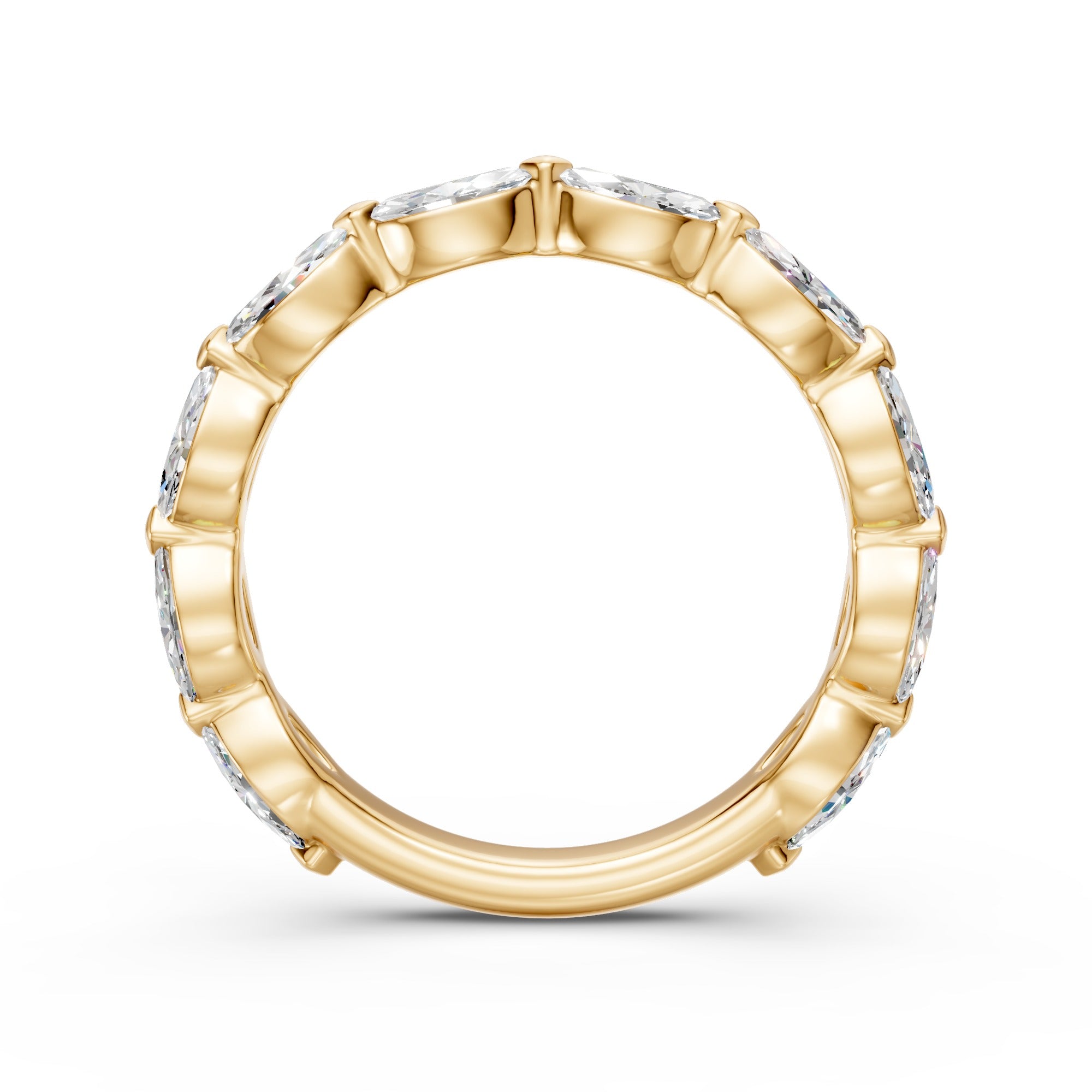 Front view of ten east-west marquise diamonds in a three-quarter eternity band