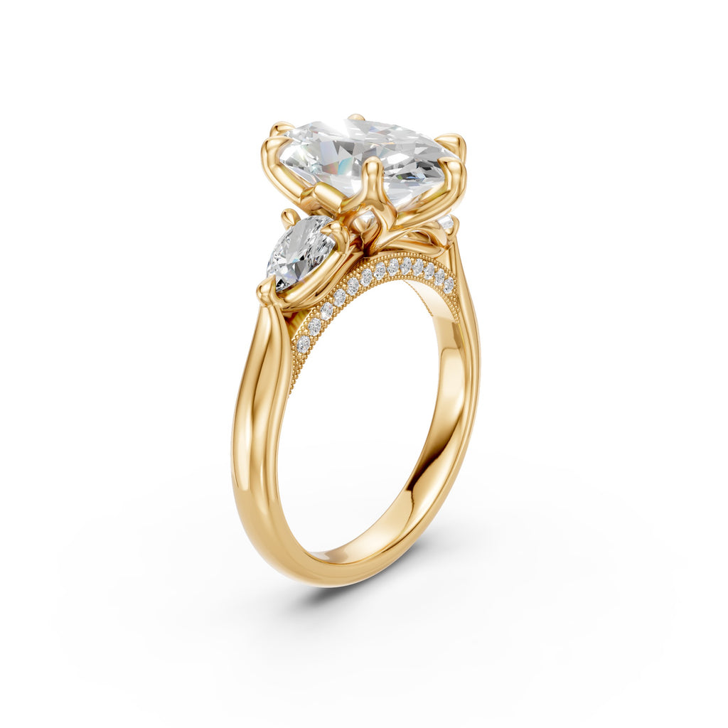 Oval & Pear Three-Stone Cathedral Ring
