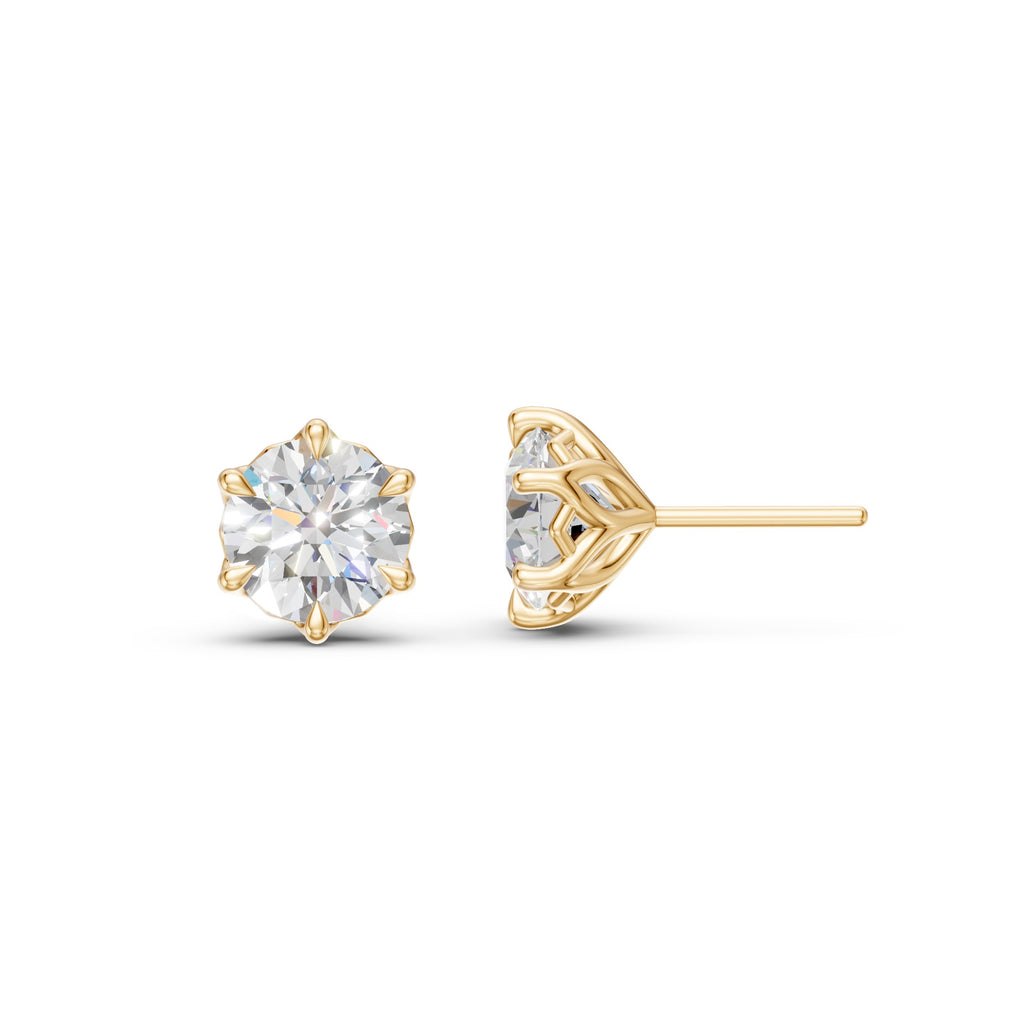 Front and side views of a Lotus diamond stud in 14K yellow gold, showing the six petal prongs and open gallery.