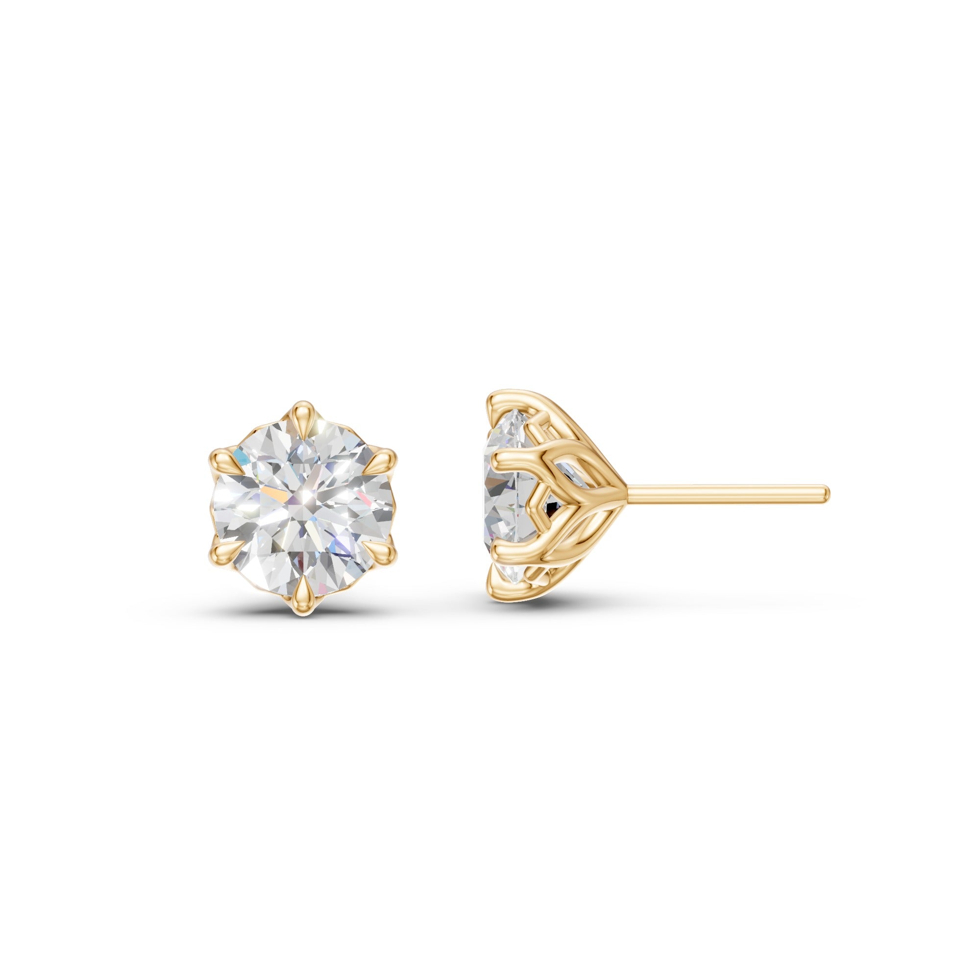 Front and side views of a Lotus diamond stud in 14K yellow gold, showing the six petal prongs and open gallery.