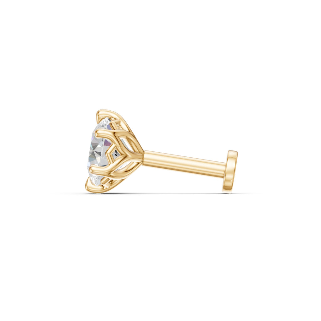 Side profile of a Lotus diamond stud in 14K yellow gold, showing the open petal gallery, post and flat-disc back.