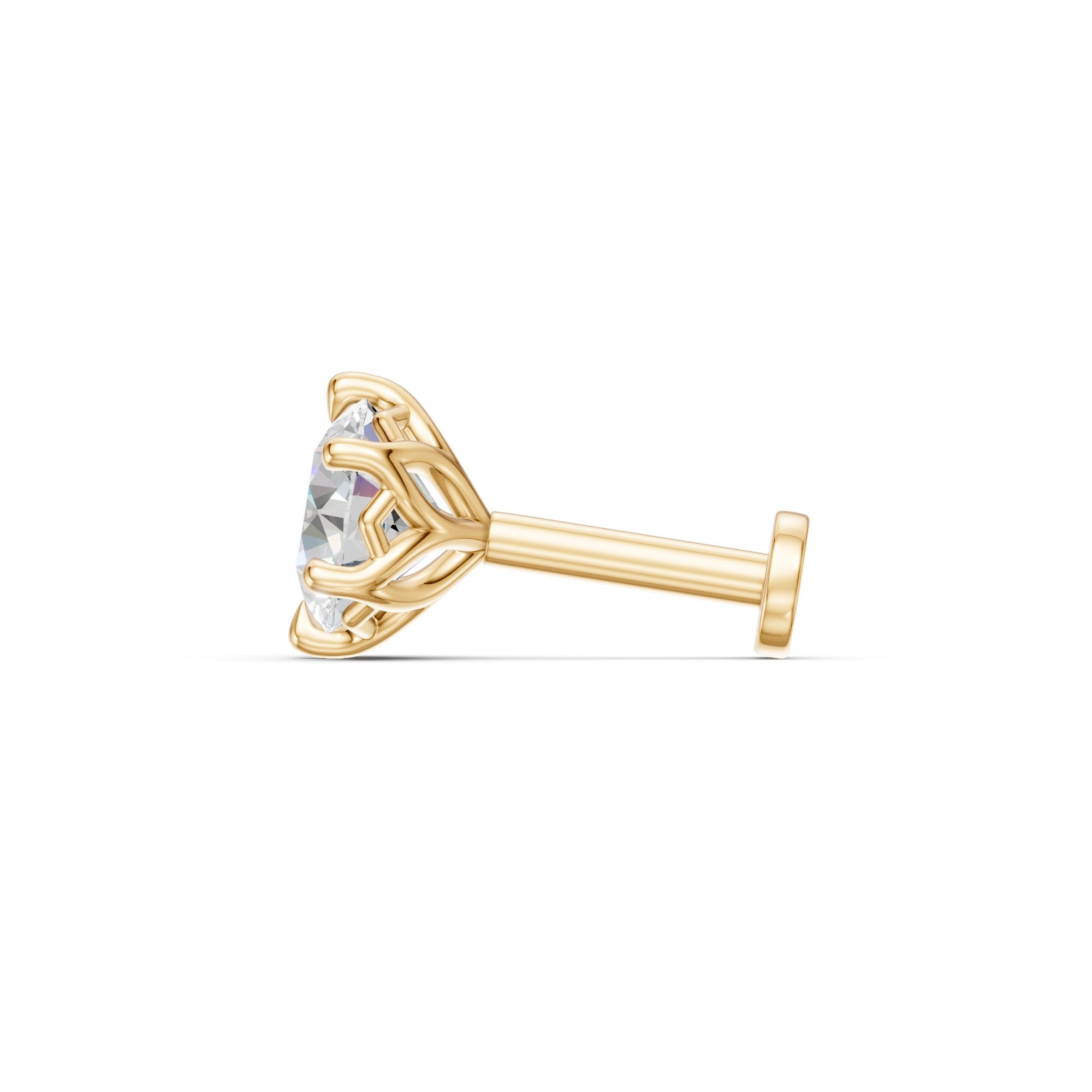 Side profile of a Lotus diamond stud in 14K yellow gold, showing the open petal gallery, post and flat-disc back.