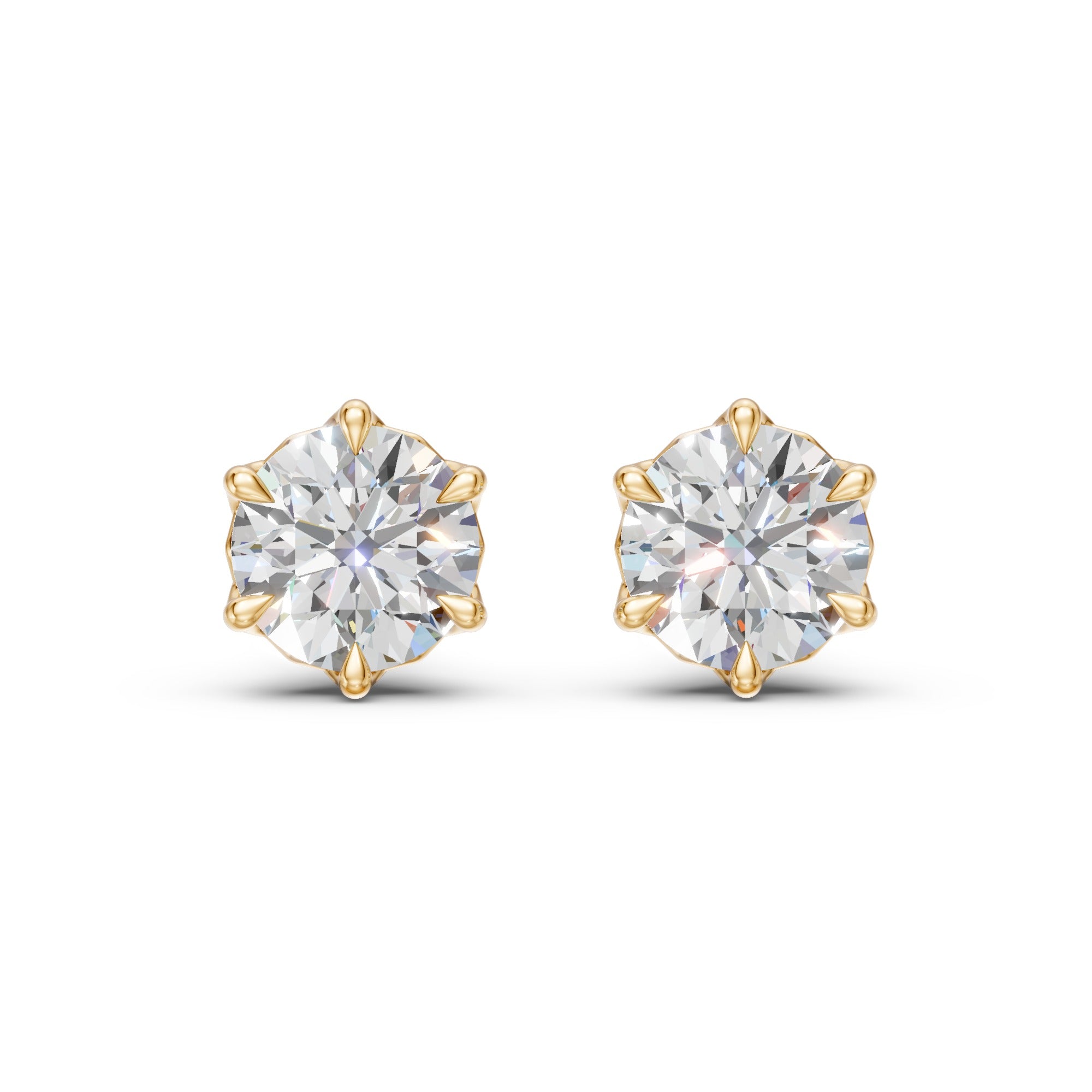 Front view of a matched pair of Lotus round diamond studs in 14K yellow gold with six petal prongs.