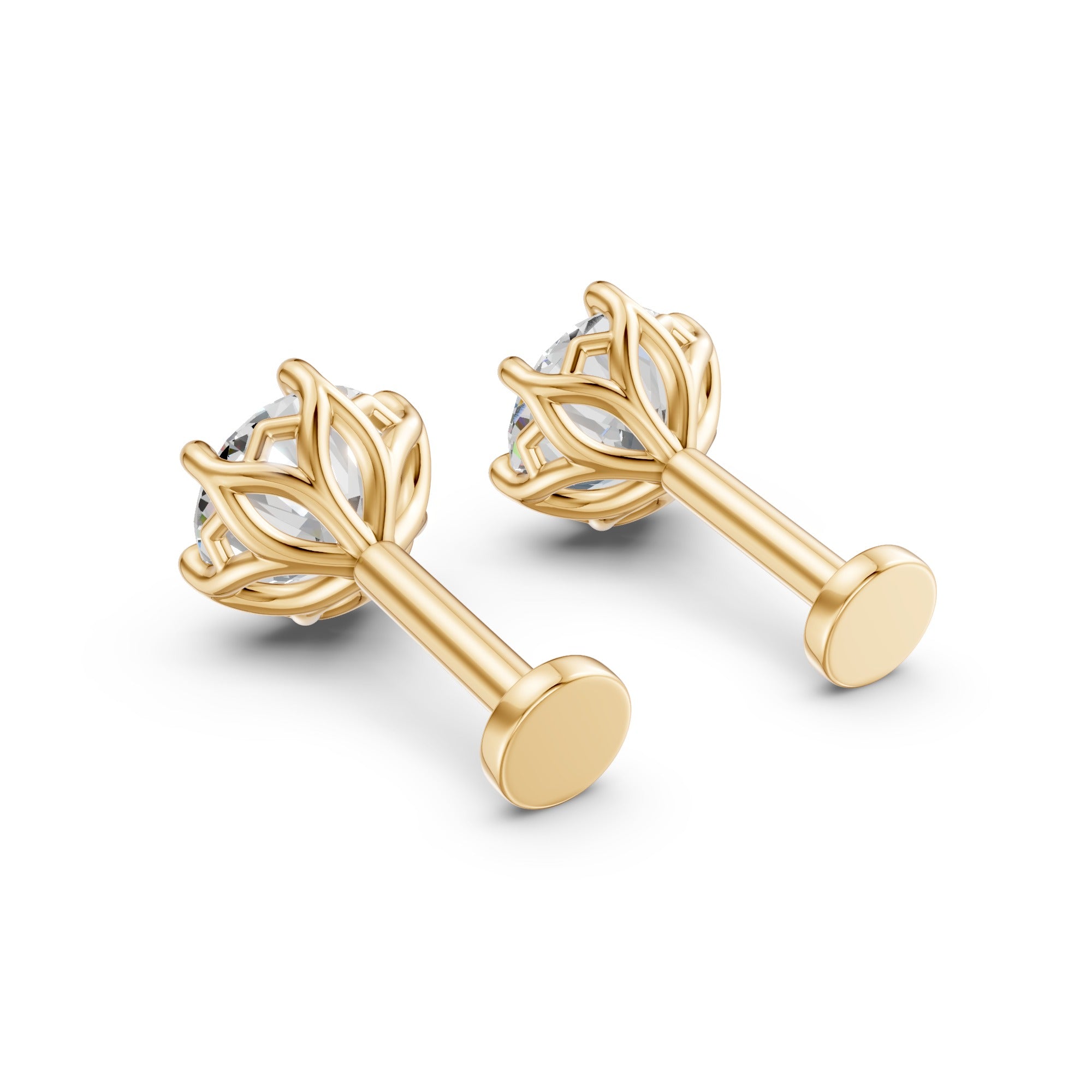 Rear view of a pair of Lotus diamond studs in 14K yellow gold, showing open petal galleries and flat-disc backs.