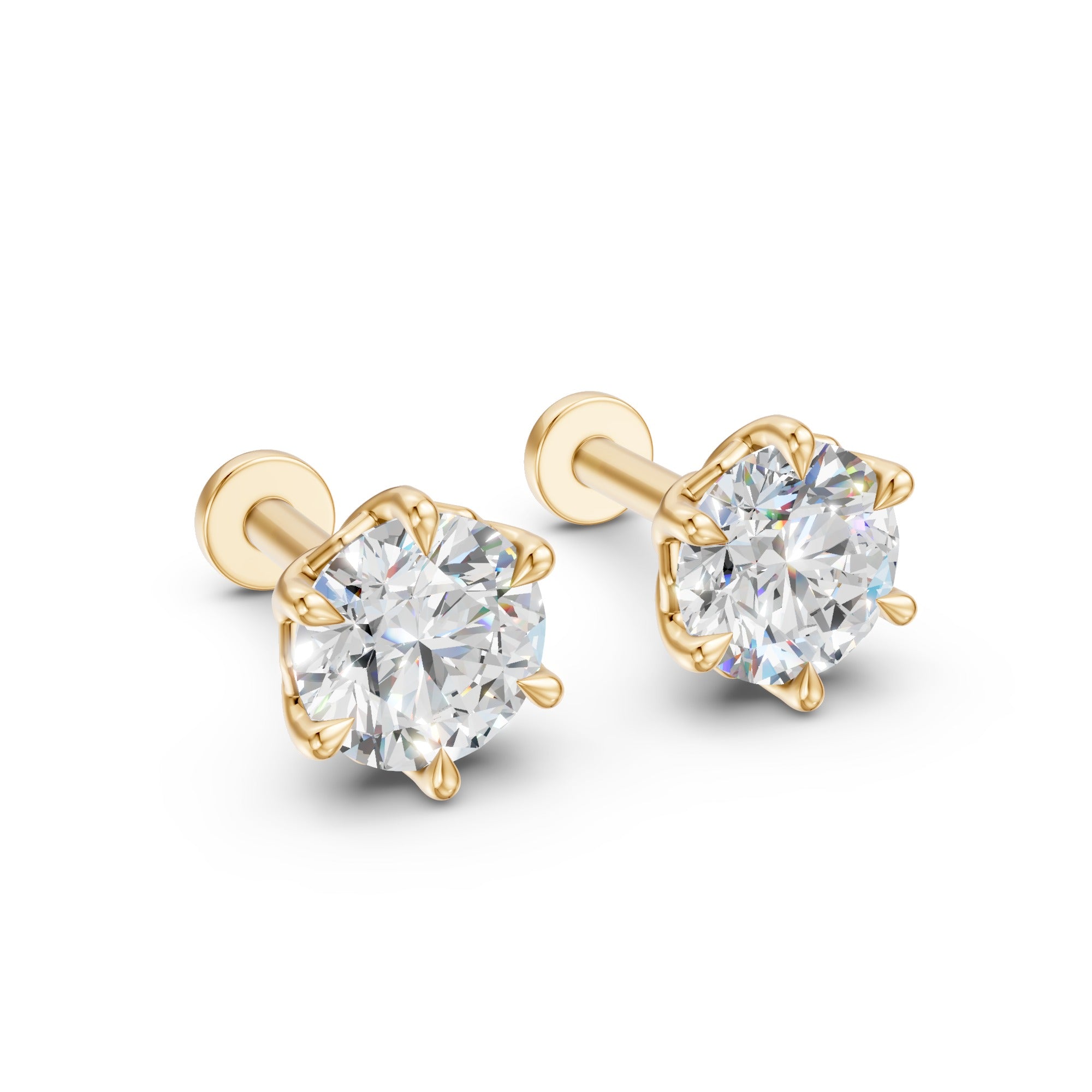Pair of Lotus lab-grown diamond stud earrings in 14K yellow gold, angled to show six sculpted petal prongs.