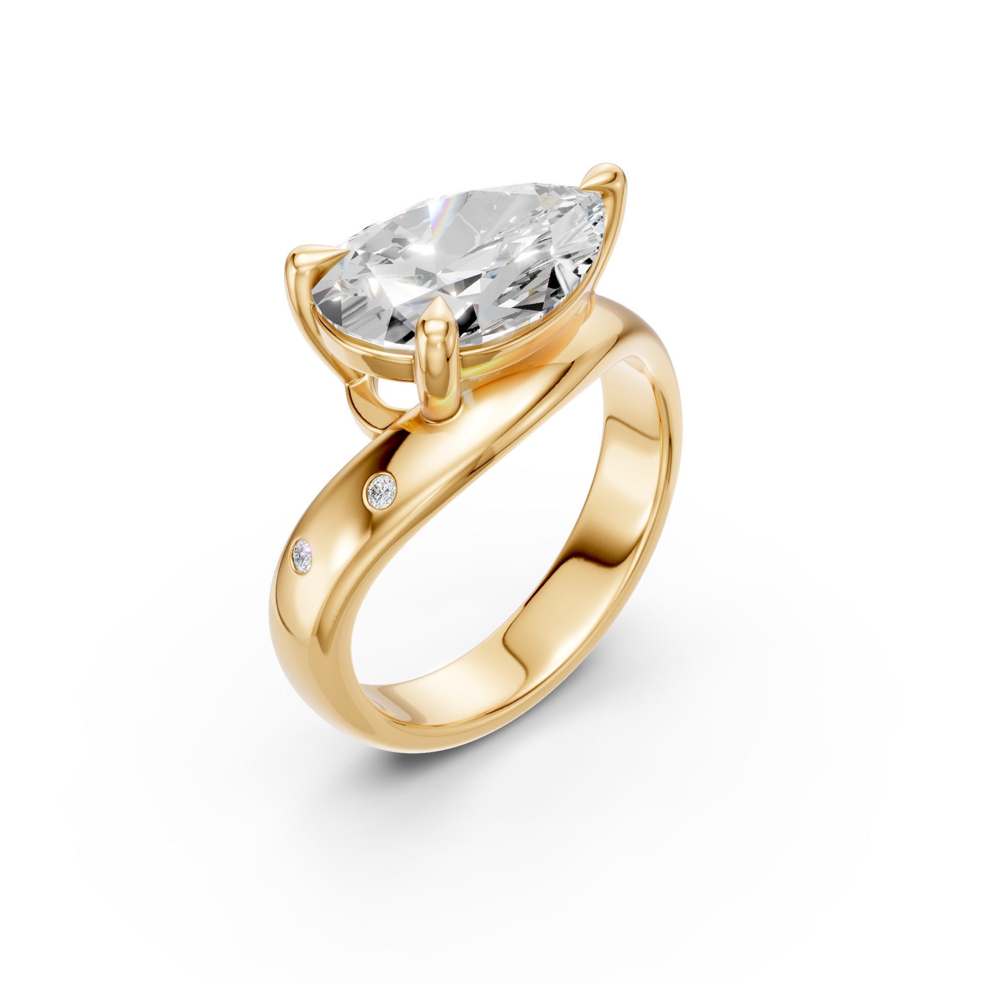Pear Curve Ring with pear-shaped diamond and flush-set accents in yellow gold, three-quarter view