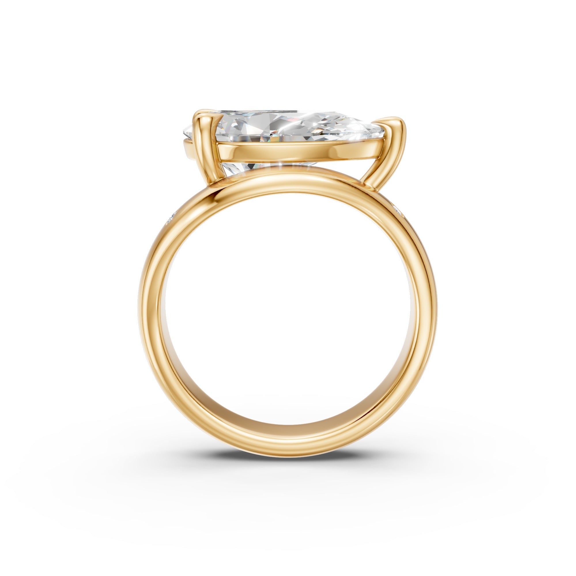Side profile showing the low-profile four-prong setting and curved yellow gold band