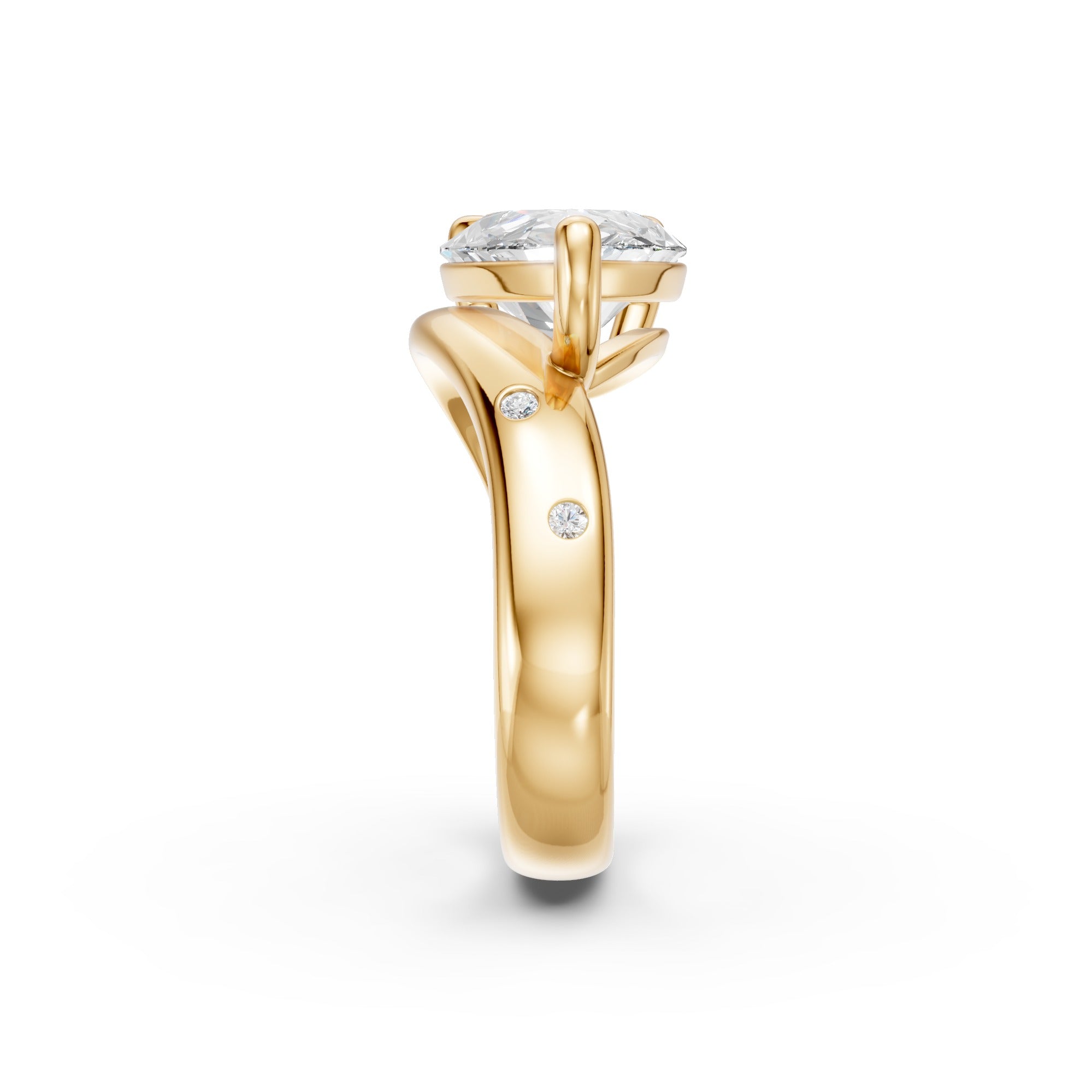 End view showing flush-set round diamond accents on the 4 mm yellow gold band