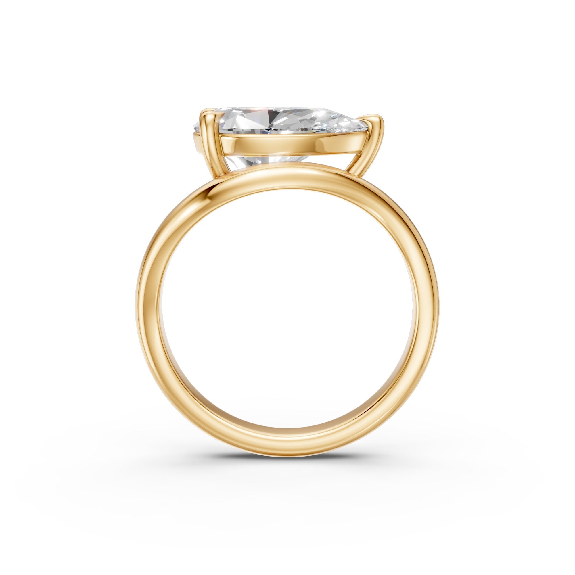 Side profile of the Pear Curve Solitaire Ring showing its four-prong setting and curved 2.5 mm band