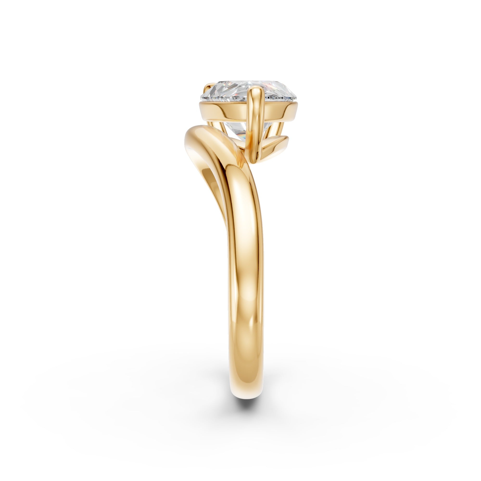 End view of the Pear Curve Solitaire Ring showing the east–west pear diamond and curved band