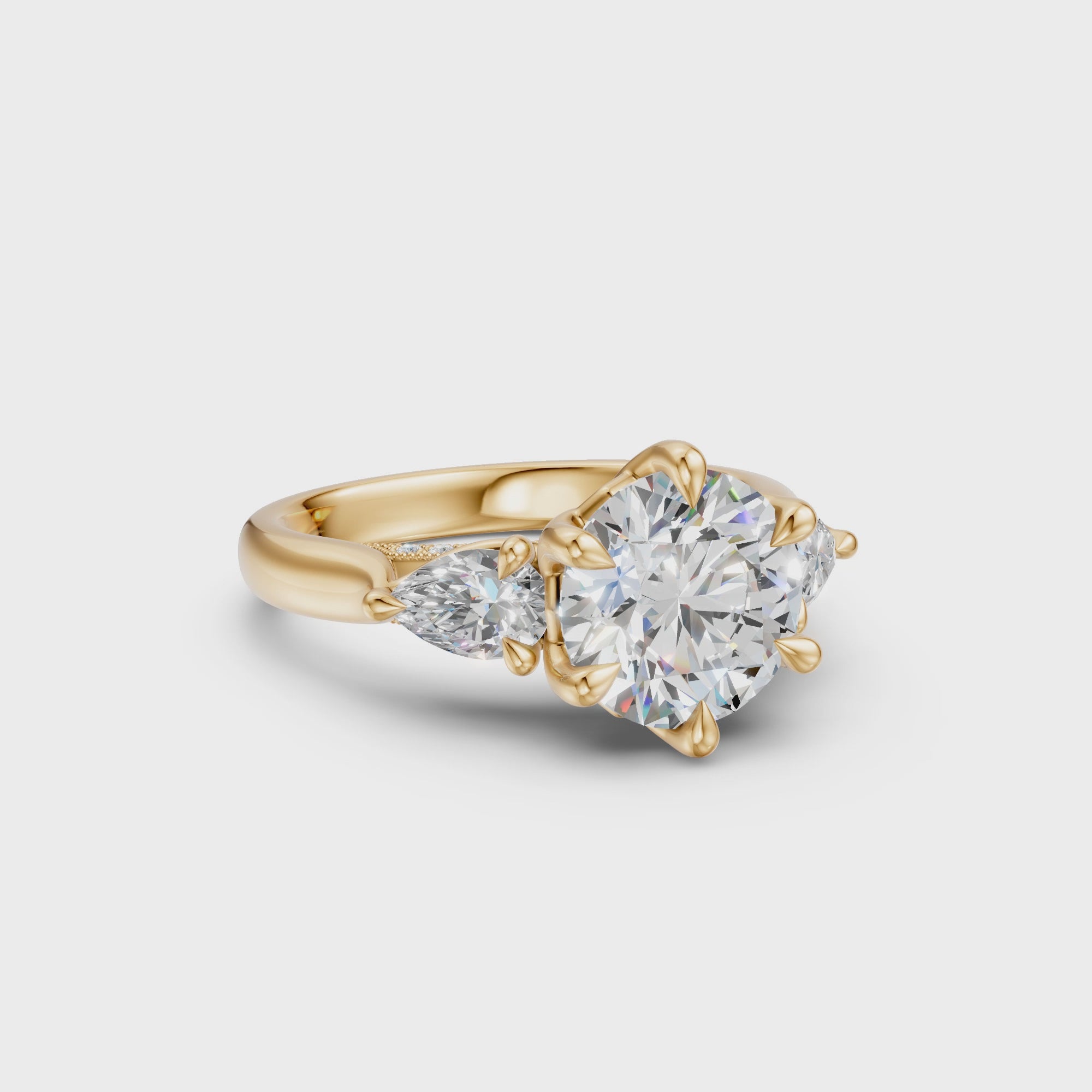 Round & Pear Three-Stone Cathedral Ring
