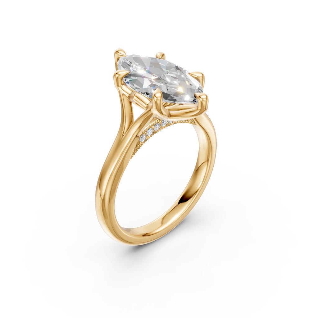 Angled view of the standard Marquise Tulip Split Cathedral Ring showing the marquise centre, split cathedral shoulders and diamond-set bridge.