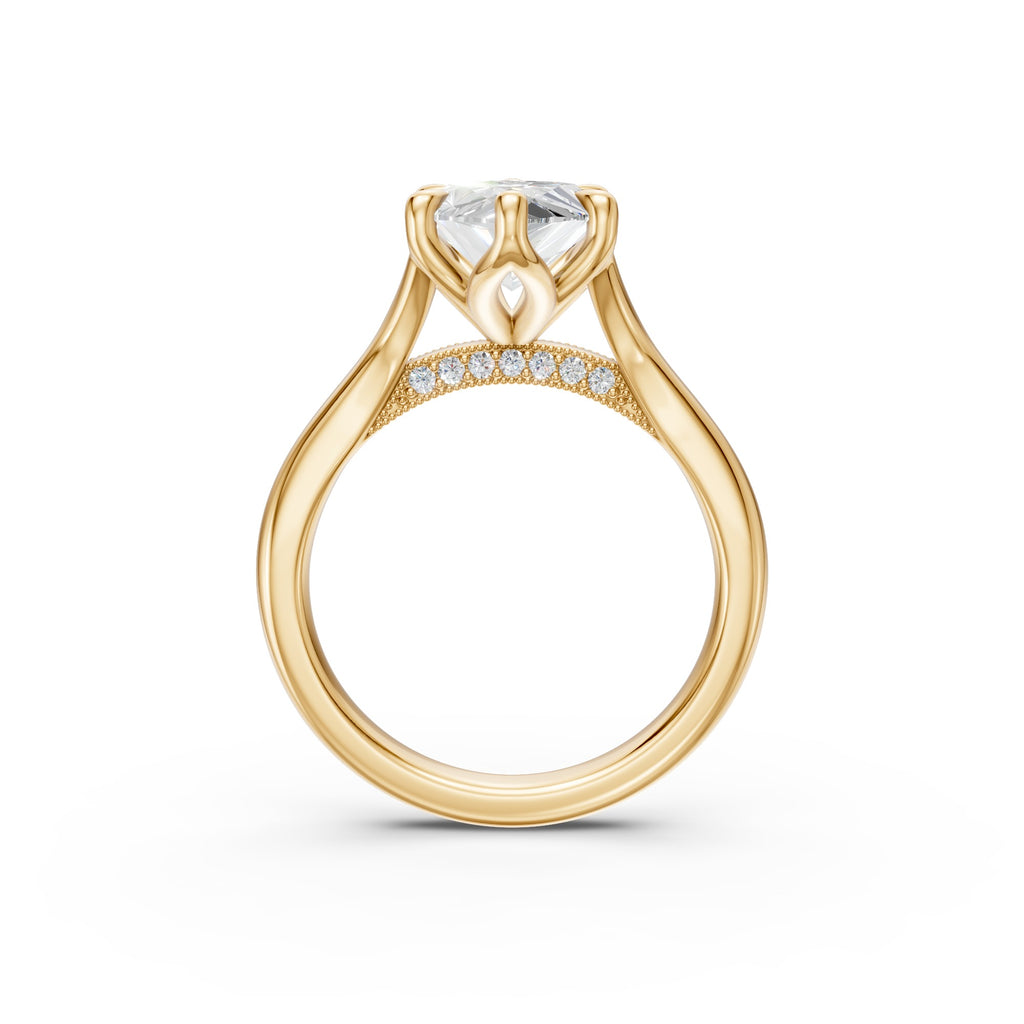 Side profile of the standard Marquise Tulip Split Cathedral Ring showing the tulip basket and pavé bridge.