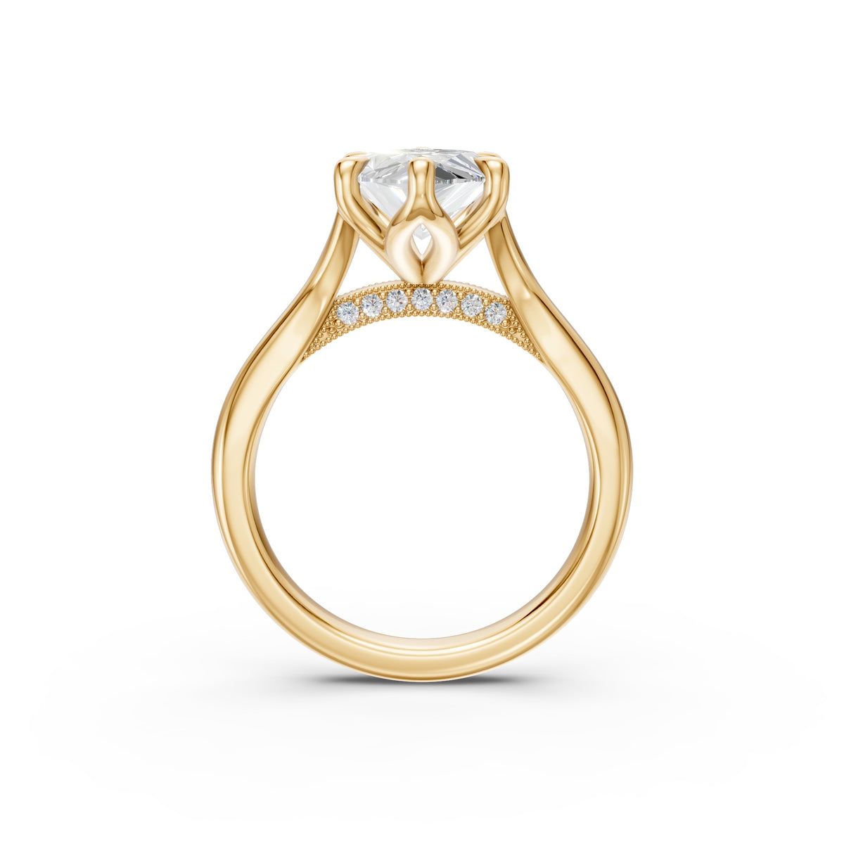 Side profile of the standard Marquise Tulip Split Cathedral Ring showing the tulip basket and pavé bridge.
