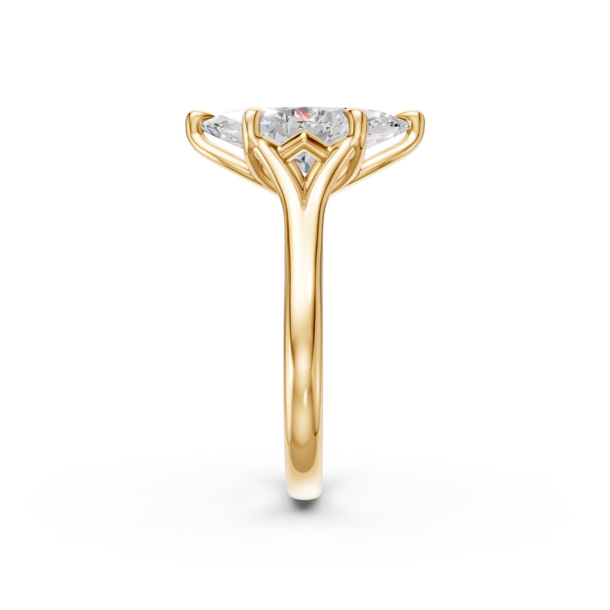 End profile of the standard Marquise Tulip Split Cathedral Ring showing the split shoulders and open floral setting.