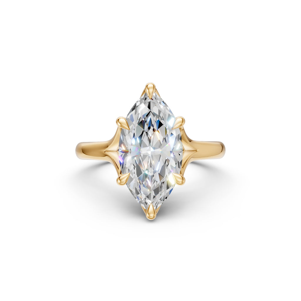 Front view of the standard Marquise Tulip Split Cathedral Ring in yellow gold, showing the marquise centre and six prongs.