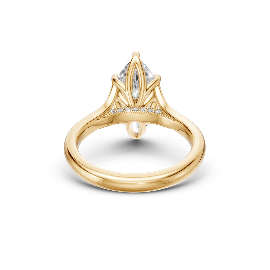 Rear underside view of the standard Marquise Tulip Split Cathedral Ring showing the open tulip basket and pavé bridge.